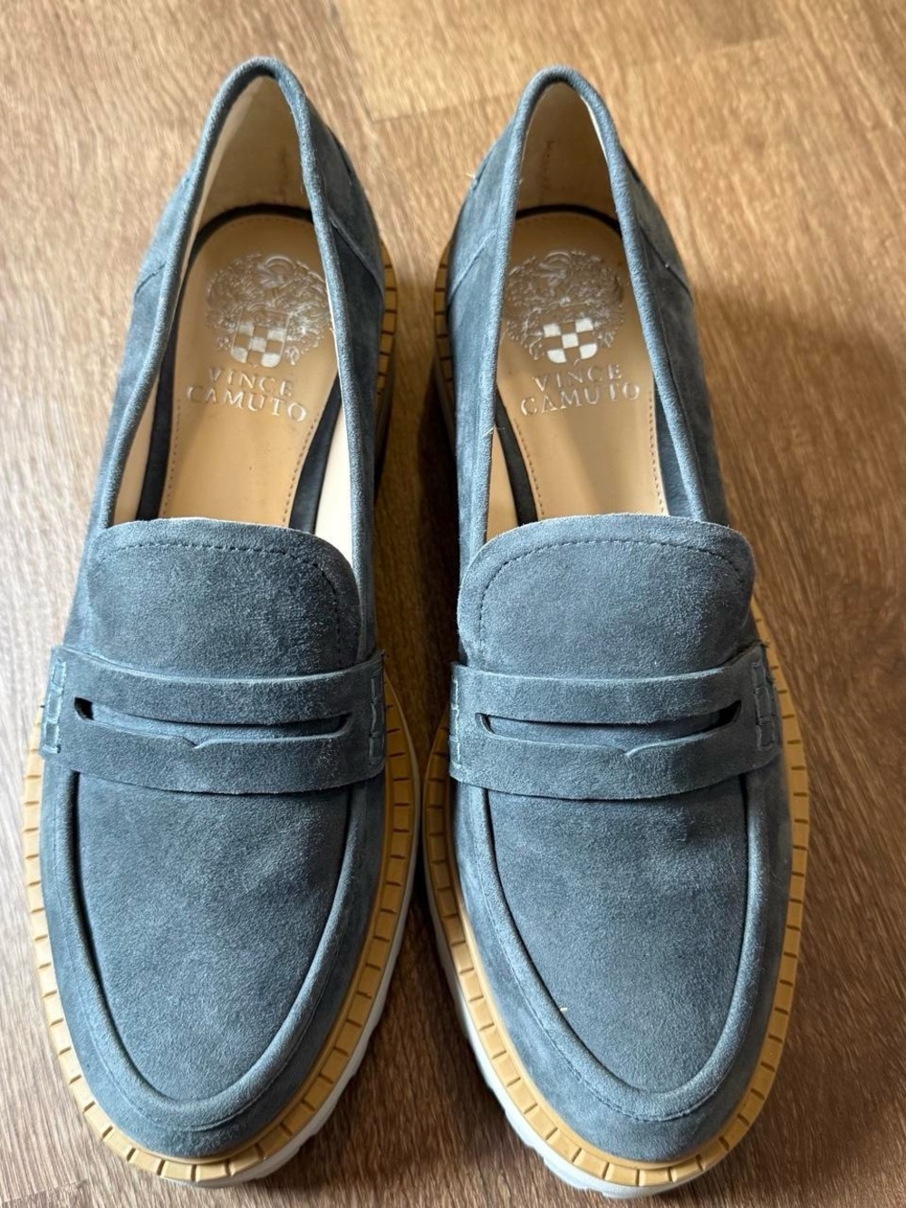 Vince Camuto Gray Suede Penny Loafers with Tan Rubber Sole